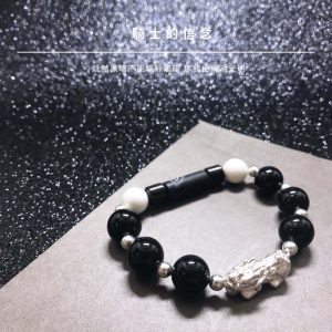 水晶手鍊｜堅定系列 騎士的信念 黑曜石 硨磲 磨砂黑色條紋瑪瑙 999純銀貔貅 玉石手鍊 手飾 飾品 手串 玉石 山水之寶