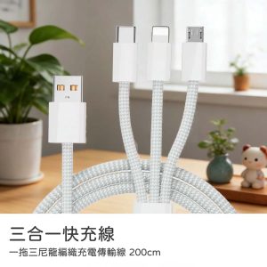 三合一快充線 一拖三尼龍編織充電傳輸線 200cm Type-C/Lightning/Micro 充電線材 蘋果安卓適用