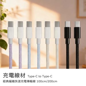 Type-C to Type-C 100cm/200cm 60WPD快充經典編織快速充電傳輸線 充電線材蘋果/安卓均適用